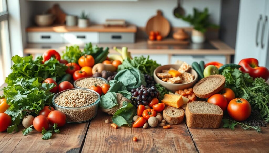 A balanced, vibrant vegan meal plan arranged on a rustic wooden table. In the foreground, a variety of fresh produce - leafy greens, colorful vegetables, and ripe fruits. In the middle ground, whole grains such as quinoa, brown rice, and whole wheat bread, accompanied by plant-based proteins like tofu, tempeh, and legumes. In the background, a minimalist kitchen interior with natural lighting streaming in, conveying a sense of simplicity and wellness. The overall scene exudes a warm, inviting atmosphere, reflecting the nourishing and sustainable essence of a well-planned vegan diet. A balanced, vibrant vegan meal plan arranged on a rustic wooden table. In the foreground, a variety of fresh produce - leafy greens, colorful vegetables, and ripe fruits. In the middle ground, whole grains such as quinoa, brown rice, and whole wheat bread, accompanied by plant-based proteins like tofu, tempeh, and legumes. In the background, a minimalist kitchen interior with natural lighting streaming in, conveying a sense of simplicity and wellness. The overall scene exudes a warm, inviting atmosphere, reflecting the nourishing and sustainable essence of a well-planned vegan diet.