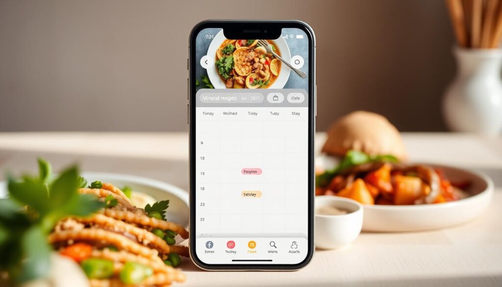A beautifully designed meal planning app interface, showcasing a selection of healthy recipes and meal options. The foreground features a clean and minimalist layout, with large, high-resolution food images, mouthwatering dish descriptions, and easy-to-use navigation tools. The middle ground displays a calendar view, allowing users to plan and schedule their meals for the week. The background is softly blurred, creating a sense of depth and focus on the app's key features. The overall composition is warm and inviting, with natural lighting and a neutral color palette that evokes a sense of wellness and culinary inspiration. A beautifully designed meal planning app interface, showcasing a selection of healthy recipes and meal options. The foreground features a clean and minimalist layout, with large, high-resolution food images, mouthwatering dish descriptions, and easy-to-use navigation tools. The middle ground displays a calendar view, allowing users to plan and schedule their meals for the week. The background is softly blurred, creating a sense of depth and focus on the app's key features. The overall composition is warm and inviting, with natural lighting and a neutral color palette that evokes a sense of wellness and culinary inspiration.