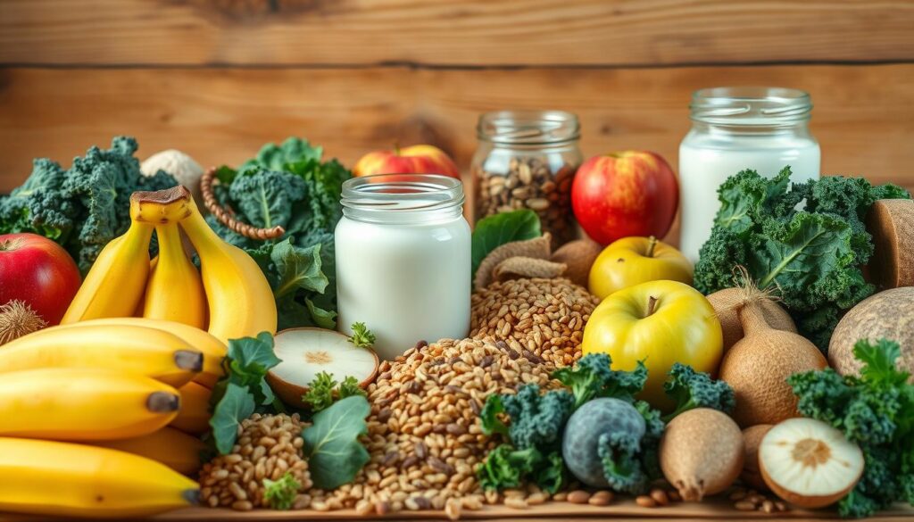 A bountiful display of prebiotic foods, captured in a warm, earthy still-life. In the foreground, an array of fiber-rich fruits and vegetables - ripe bananas, crunchy apples, leafy kale, and nutty whole grains. In the middle ground, jars of probiotic-rich yogurt and kefir, their contents gently swirling. The background features a rustic wooden table, bathed in soft, natural lighting that accentuates the vibrant colors and textures. The composition suggests a harmonious balance, reflecting the nourishing power of prebiotics to support a healthy gut microbiome. A bountiful display of prebiotic foods, captured in a warm, earthy still-life. In the foreground, an array of fiber-rich fruits and vegetables - ripe bananas, crunchy apples, leafy kale, and nutty whole grains. In the middle ground, jars of probiotic-rich yogurt and kefir, their contents gently swirling. The background features a rustic wooden table, bathed in soft, natural lighting that accentuates the vibrant colors and textures. The composition suggests a harmonious balance, reflecting the nourishing power of prebiotics to support a healthy gut microbiome.