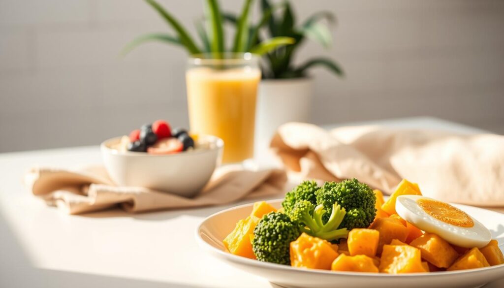 A calm, cozy kitchen scene showcasing a variety of easy-to-digest foods. In the foreground, a plate filled with steamed broccoli, boiled eggs, and mashed sweet potatoes, bathed in warm, soft lighting. In the middle ground, a bowl of soothing oatmeal topped with fresh berries and a drizzle of honey. Behind it, a glass of rejuvenating aloe vera juice nestled among natural linen napkins. The background features a minimalist, white-walled space with a potted plant adding a touch of greenery. The overall atmosphere evokes a sense of nourishment and comfort for sensitive stomachs. A calm, cozy kitchen scene showcasing a variety of easy-to-digest foods. In the foreground, a plate filled with steamed broccoli, boiled eggs, and mashed sweet potatoes, bathed in warm, soft lighting. In the middle ground, a bowl of soothing oatmeal topped with fresh berries and a drizzle of honey. Behind it, a glass of rejuvenating aloe vera juice nestled among natural linen napkins. The background features a minimalist, white-walled space with a potted plant adding a touch of greenery. The overall atmosphere evokes a sense of nourishment and comfort for sensitive stomachs.