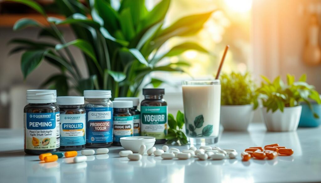 A clean, well-lit countertop showcases an assortment of gut health supplements. In the foreground, various capsules, tablets, and powder jars are neatly arranged, each with its own distinctive label and packaging. The middle ground features a probiotic-rich yogurt or kefir drink, its creamy texture and bright color contrasting with the supplements. In the background, lush green plants and natural light create a soothing, organic atmosphere, conveying a sense of wellness and vitality. The overall scene evokes a sense of balance and purpose, emphasizing the importance of holistic gut health strategies. A clean, well-lit countertop showcases an assortment of gut health supplements. In the foreground, various capsules, tablets, and powder jars are neatly arranged, each with its own distinctive label and packaging. The middle ground features a probiotic-rich yogurt or kefir drink, its creamy texture and bright color contrasting with the supplements. In the background, lush green plants and natural light create a soothing, organic atmosphere, conveying a sense of wellness and vitality. The overall scene evokes a sense of balance and purpose, emphasizing the importance of holistic gut health strategies.