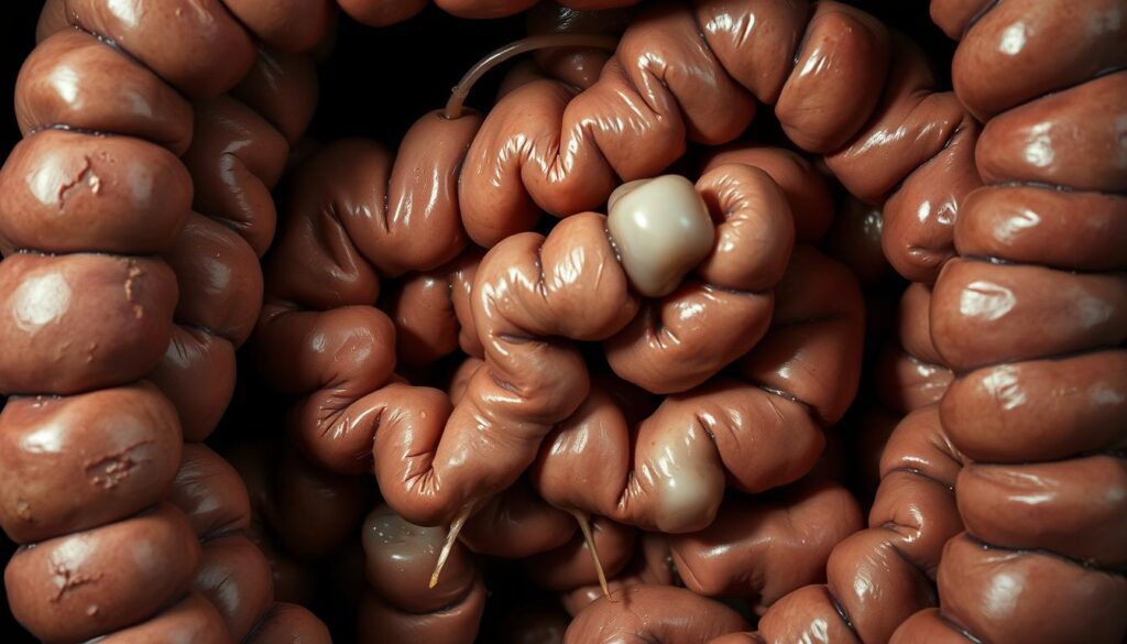 A cramped, cluttered intestine dominates the frame, its walls bloated and discolored. Pockets of gas buildup create an uneven, distended appearance. Strands of mucus cling to the inner lining, indicative of inflammation. In the background, a muted color palette of browns and grays evokes a sense of discomfort and unease. Harsh, directional lighting casts shadows that accentuate the intestine's irregular contours, while a tight, claustrophobic composition heightens the viewer's sense of being immersed in this troubled digestive system. The overall scene conveys the uncomfortable symptoms of poor gut health in a visually striking and anatomically accurate manner. A cramped, cluttered intestine dominates the frame, its walls bloated and discolored. Pockets of gas buildup create an uneven, distended appearance. Strands of mucus cling to the inner lining, indicative of inflammation. In the background, a muted color palette of browns and grays evokes a sense of discomfort and unease. Harsh, directional lighting casts shadows that accentuate the intestine's irregular contours, while a tight, claustrophobic composition heightens the viewer's sense of being immersed in this troubled digestive system. The overall scene conveys the uncomfortable symptoms of poor gut health in a visually striking and anatomically accurate manner.