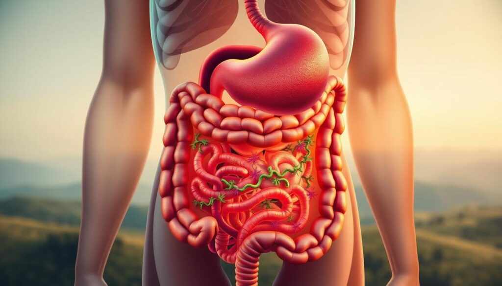 A detailed anatomical cross-section of the human digestive system, highlighting the various components of gut health. The foreground features a vibrant, colorful illustration of the intestines, showcasing the intricate network of gut flora and the delicate balance of good and bad bacteria. The middle ground depicts the stomach, esophagus, and other key organs, bathed in a warm, earthy tone to convey a sense of natural harmony. The background features a subtle, ethereal landscape representing the broader systemic impact of gut health on overall well-being, with muted hues and a soft, diffused lighting. The image should evoke a sense of scientific precision and holistic understanding of the crucial role of gut health in maintaining a healthy, balanced body. A detailed anatomical cross-section of the human digestive system, highlighting the various components of gut health. The foreground features a vibrant, colorful illustration of the intestines, showcasing the intricate network of gut flora and the delicate balance of good and bad bacteria. The middle ground depicts the stomach, esophagus, and other key organs, bathed in a warm, earthy tone to convey a sense of natural harmony. The background features a subtle, ethereal landscape representing the broader systemic impact of gut health on overall well-being, with muted hues and a soft, diffused lighting. The image should evoke a sense of scientific precision and holistic understanding of the crucial role of gut health in maintaining a healthy, balanced body.