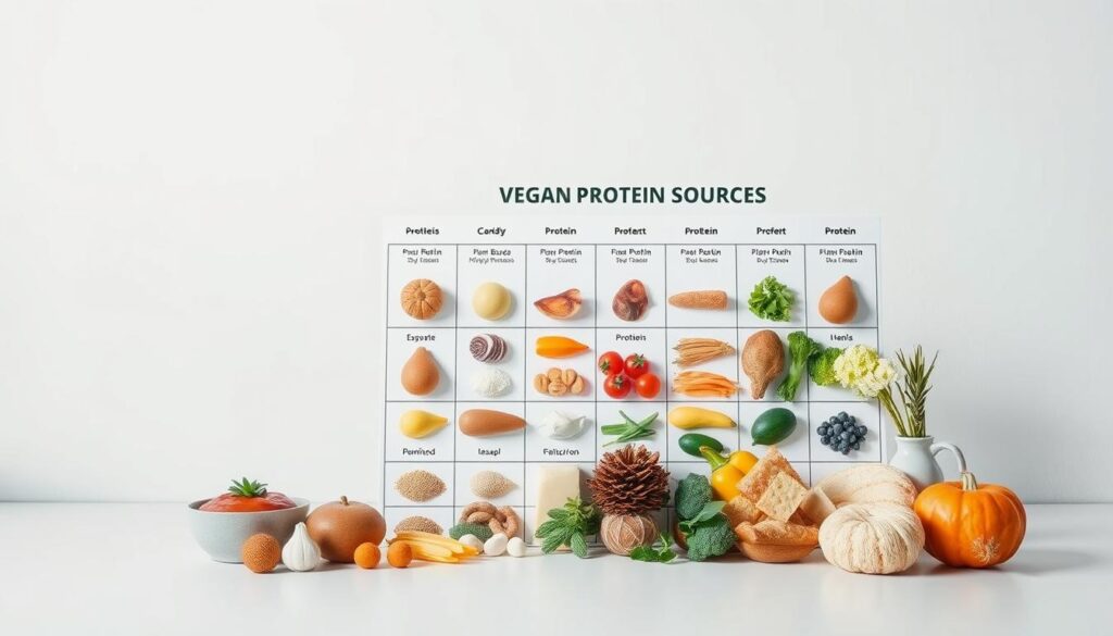 A detailed and visually striking vegan protein sources chart, presented in a clean, modern style. The chart occupies the central foreground, showcasing various plant-based protein-rich foods arranged in a grid-like layout. The items are depicted with photorealistic clarity, with subtle highlights and shadows to accentuate their textures and colors. The background is a serene, minimalist space, with a soft, neutral palette that allows the chart to be the focal point. The lighting is soft and diffused, creating a calm, informative atmosphere that aligns with the subject matter. The composition is balanced and visually appealing, drawing the viewer's attention to the essential information presented in the chart. A detailed and visually striking vegan protein sources chart, presented in a clean, modern style. The chart occupies the central foreground, showcasing various plant-based protein-rich foods arranged in a grid-like layout. The items are depicted with photorealistic clarity, with subtle highlights and shadows to accentuate their textures and colors. The background is a serene, minimalist space, with a soft, neutral palette that allows the chart to be the focal point. The lighting is soft and diffused, creating a calm, informative atmosphere that aligns with the subject matter. The composition is balanced and visually appealing, drawing the viewer's attention to the essential information presented in the chart.