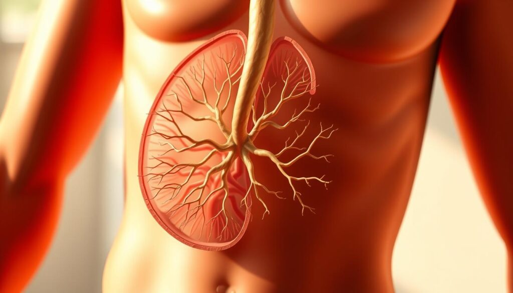 A detailed cross-section of the vagus nerve, showcased in a realistic, high-resolution medical illustration. The nerve is depicted in intricate anatomical detail, its delicate fibers and branching pathways visible against a softly blurred background. The composition emphasizes the nerve's central role in the gut-brain connection, with a clean, minimalist aesthetic that underscores the scientific nature of the subject matter. Warm, natural lighting casts subtle shadows, enhancing the depth and dimensionality of the image. The overall tone is one of clinical precision and educational clarity, serving to illustrate the complex neural mechanisms underlying the gut-brain axis and mental wellness. A detailed cross-section of the vagus nerve, showcased in a realistic, high-resolution medical illustration. The nerve is depicted in intricate anatomical detail, its delicate fibers and branching pathways visible against a softly blurred background. The composition emphasizes the nerve's central role in the gut-brain connection, with a clean, minimalist aesthetic that underscores the scientific nature of the subject matter. Warm, natural lighting casts subtle shadows, enhancing the depth and dimensionality of the image. The overall tone is one of clinical precision and educational clarity, serving to illustrate the complex neural mechanisms underlying the gut-brain axis and mental wellness.