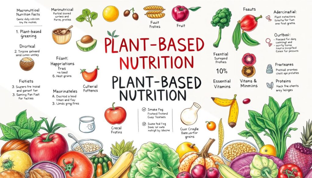 A detailed, hand-drawn infographic showcasing various plant-based nutrition facts and strategies. In the foreground, a vibrant array of colorful fruits, vegetables, grains, and legumes arranged in a visually appealing and informative layout. In the middle ground, concise icons and graphics highlighting key nutritional information, such as macronutrient ratios, essential vitamins and minerals, and plant-based protein sources. In the background, a clean, minimalist white space with subtle textural elements to create depth and balance. Soft, natural lighting illuminates the scene, giving it a warm, inviting tone. The overall composition conveys a sense of expertise, practicality, and visual appeal to effectively communicate the "Practical Strategies for Plant-Based Nutrition Success" topic. A detailed, hand-drawn infographic showcasing various plant-based nutrition facts and strategies. In the foreground, a vibrant array of colorful fruits, vegetables, grains, and legumes arranged in a visually appealing and informative layout. In the middle ground, concise icons and graphics highlighting key nutritional information, such as macronutrient ratios, essential vitamins and minerals, and plant-based protein sources. In the background, a clean, minimalist white space with subtle textural elements to create depth and balance. Soft, natural lighting illuminates the scene, giving it a warm, inviting tone. The overall composition conveys a sense of expertise, practicality, and visual appeal to effectively communicate the "Practical Strategies for Plant-Based Nutrition Success" topic.