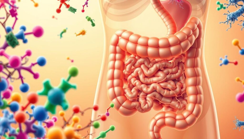 A detailed, vibrant illustration of probiotics and prebiotics, showcasing their role in gut health. In the foreground, various probiotic cultures - Lactobacillus, Bifidobacterium, and Saccharomyces - are depicted as colorful, microscopic organisms. The middle ground features a cutaway view of the human digestive system, with the small and large intestines prominently displayed. Within the intestines, the prebiotic fibers nourishing the probiotic cultures are visualized as intricate networks of complex carbohydrates. The background is a soft, warm-toned gradient, creating a sense of depth and focus on the central elements. Crisp, high-resolution details ensure the image is scientifically accurate yet visually engaging. A detailed, vibrant illustration of probiotics and prebiotics, showcasing their role in gut health. In the foreground, various probiotic cultures - Lactobacillus, Bifidobacterium, and Saccharomyces - are depicted as colorful, microscopic organisms. The middle ground features a cutaway view of the human digestive system, with the small and large intestines prominently displayed. Within the intestines, the prebiotic fibers nourishing the probiotic cultures are visualized as intricate networks of complex carbohydrates. The background is a soft, warm-toned gradient, creating a sense of depth and focus on the central elements. Crisp, high-resolution details ensure the image is scientifically accurate yet visually engaging.