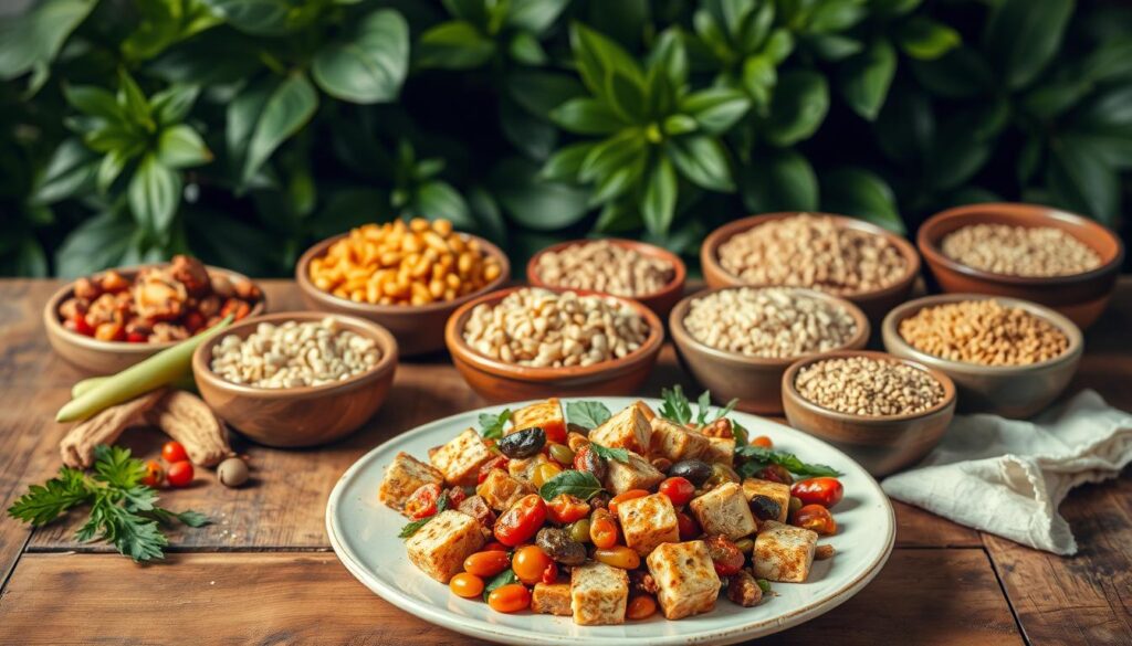 A high-protein vegan meal with a variety of nutrient-dense plant-based protein sources artfully arranged on a rustic wooden table. In the foreground, a plate showcases a hearty serving of sautéed tofu, tempeh, and seitan, accompanied by a variety of colorful legumes, nuts, and seeds. In the middle ground, a variety of whole grains, such as quinoa, brown rice, and farro, are displayed in small bowls. The background features a lush, verdant backdrop of leafy greens, creating a vibrant, natural setting. Soft, warm lighting illuminates the scene, casting a cozy, inviting atmosphere. The composition is balanced and visually appealing, highlighting the diverse range of vegan protein options available. A high-protein vegan meal with a variety of nutrient-dense plant-based protein sources artfully arranged on a rustic wooden table. In the foreground, a plate showcases a hearty serving of sautéed tofu, tempeh, and seitan, accompanied by a variety of colorful legumes, nuts, and seeds. In the middle ground, a variety of whole grains, such as quinoa, brown rice, and farro, are displayed in small bowls. The background features a lush, verdant backdrop of leafy greens, creating a vibrant, natural setting. Soft, warm lighting illuminates the scene, casting a cozy, inviting atmosphere. The composition is balanced and visually appealing, highlighting the diverse range of vegan protein options available.