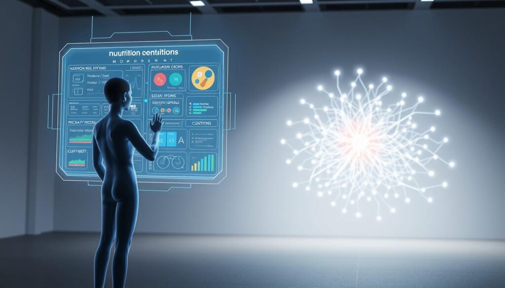 A high-tech, futuristic interface displaying personalized nutrition recommendations powered by advanced AI algorithms. In the foreground, a stylized human figure interacts with a sleek, holographic display panel, with dynamic visuals showcasing tailored meal plans, nutrient breakdowns, and dietary insights. The middle ground features a complex neural network visualization, symbolizing the intricate data processing behind the AI-driven recommendations. In the background, a minimalist, clean environment with subtle lighting and a hint of technological ambiance sets the tone. The overall scene conveys a sense of innovation, precision, and the transformative potential of AI in the realm of nutrition and diet planning. A high-tech, futuristic interface displaying personalized nutrition recommendations powered by advanced AI algorithms. In the foreground, a stylized human figure interacts with a sleek, holographic display panel, with dynamic visuals showcasing tailored meal plans, nutrient breakdowns, and dietary insights. The middle ground features a complex neural network visualization, symbolizing the intricate data processing behind the AI-driven recommendations. In the background, a minimalist, clean environment with subtle lighting and a hint of technological ambiance sets the tone. The overall scene conveys a sense of innovation, precision, and the transformative potential of AI in the realm of nutrition and diet planning.