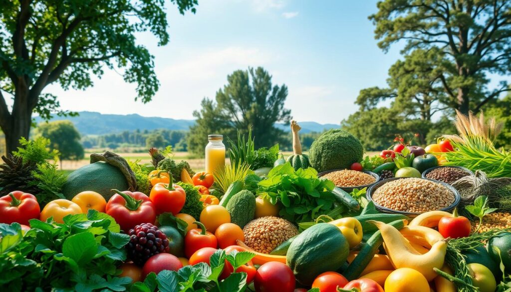A lush, verdant landscape showcasing the vibrant benefits of a plant-based diet. In the foreground, an array of fresh fruits and vegetables, their colors bursting with vitality. The middle ground features a diverse array of leafy greens, grains, and legumes, arranged in a harmonious display. In the background, a serene, sun-dappled scene with towering trees and a clear blue sky, conveying a sense of natural abundance and balance. The lighting is soft and diffused, casting a warm, inviting glow over the entire scene. The composition is carefully structured to highlight the nutritional richness and holistic health advantages of embracing a plant-based lifestyle. A lush, verdant landscape showcasing the vibrant benefits of a plant-based diet. In the foreground, an array of fresh fruits and vegetables, their colors bursting with vitality. The middle ground features a diverse array of leafy greens, grains, and legumes, arranged in a harmonious display. In the background, a serene, sun-dappled scene with towering trees and a clear blue sky, conveying a sense of natural abundance and balance. The lighting is soft and diffused, casting a warm, inviting glow over the entire scene. The composition is carefully structured to highlight the nutritional richness and holistic health advantages of embracing a plant-based lifestyle.