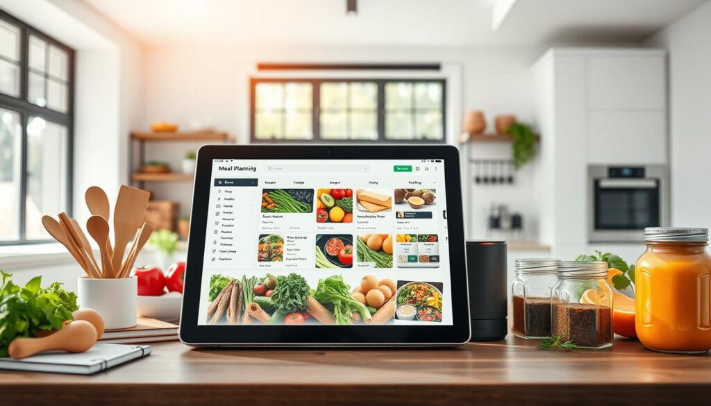 A modern and organized AI-powered meal planning setup. In the foreground, a sleek tablet or laptop device displays a clean, intuitive meal planning interface. On the desk, neatly arranged cooking utensils, a notebook, and a smart speaker for voice commands. The middle ground features an array of fresh, colorful ingredients - various produce, herbs, and spices in stylish glass jars. The background showcases a minimalist, well-lit kitchen with crisp white walls and subtle industrial accents. Natural sunlight streams in through large windows, creating a sense of openness and productivity. The overall scene conveys a streamlined, tech-savvy approach to effortless meal planning. A modern and organized AI-powered meal planning setup. In the foreground, a sleek tablet or laptop device displays a clean, intuitive meal planning interface. On the desk, neatly arranged cooking utensils, a notebook, and a smart speaker for voice commands. The middle ground features an array of fresh, colorful ingredients - various produce, herbs, and spices in stylish glass jars. The background showcases a minimalist, well-lit kitchen with crisp white walls and subtle industrial accents. Natural sunlight streams in through large windows, creating a sense of openness and productivity. The overall scene conveys a streamlined, tech-savvy approach to effortless meal planning.