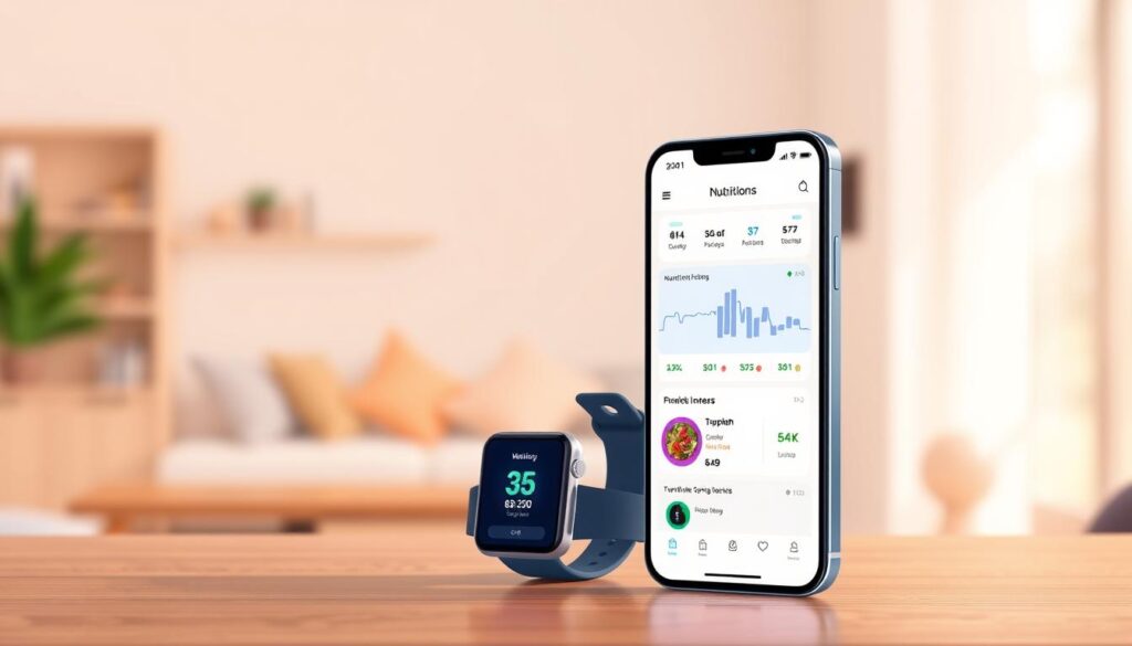 A modern, minimalist illustration depicting the seamless integration of nutrition apps into a healthy lifestyle. In the foreground, a smartphone screen displays a sleek nutrition tracking interface, its intuitive UI and vibrant color palette inviting user engagement. In the middle ground, a fitness tracker and a smartwatch symbolize the connectivity between various wellness devices, sharing data to provide a comprehensive view of the user's nutritional and activity patterns. The background features a blurred, serene home environment, suggesting the effortless incorporation of these apps into daily routines. Warm, natural lighting and a soothing color palette evoke a sense of balance and well-being. The overall composition conveys the idea of technology enhancing and empowering a healthier, more sustainable lifestyle. A modern, minimalist illustration depicting the seamless integration of nutrition apps into a healthy lifestyle. In the foreground, a smartphone screen displays a sleek nutrition tracking interface, its intuitive UI and vibrant color palette inviting user engagement. In the middle ground, a fitness tracker and a smartwatch symbolize the connectivity between various wellness devices, sharing data to provide a comprehensive view of the user's nutritional and activity patterns. The background features a blurred, serene home environment, suggesting the effortless incorporation of these apps into daily routines. Warm, natural lighting and a soothing color palette evoke a sense of balance and well-being. The overall composition conveys the idea of technology enhancing and empowering a healthier, more sustainable lifestyle.