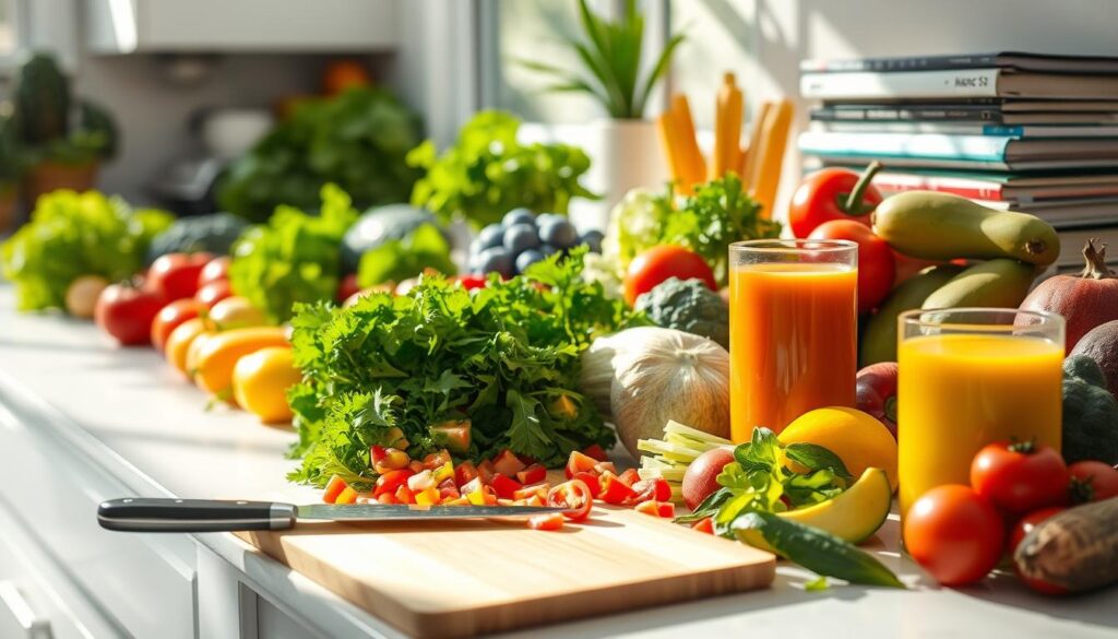 A serene, sun-dappled kitchen countertop, filled with an abundance of fresh, vibrant produce - crisp greens, juicy tomatoes, ripe avocados, and a colorful array of fruits. In the foreground, a cutting board with a pile of chopped vegetables, the knife glinting in the soft, warm light. Beside it, a glass of freshly squeezed juice, its vibrant hue reflecting the healthy transition. In the background, a bookshelf holds a stack of cookbooks, a gentle reminder of the wealth of vegan recipes available. The scene conveys a sense of calm, possibility, and the empowering journey of embracing a plant-based lifestyle. A serene, sun-dappled kitchen countertop, filled with an abundance of fresh, vibrant produce - crisp greens, juicy tomatoes, ripe avocados, and a colorful array of fruits. In the foreground, a cutting board with a pile of chopped vegetables, the knife glinting in the soft, warm light. Beside it, a glass of freshly squeezed juice, its vibrant hue reflecting the healthy transition. In the background, a bookshelf holds a stack of cookbooks, a gentle reminder of the wealth of vegan recipes available. The scene conveys a sense of calm, possibility, and the empowering journey of embracing a plant-based lifestyle.