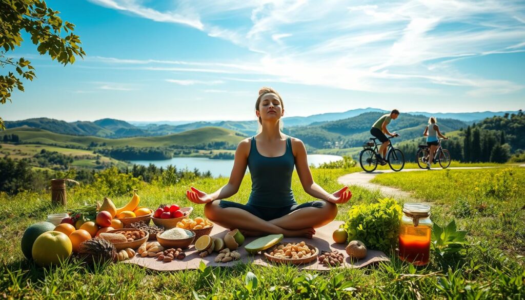 A serene, sun-dappled outdoor scene depicting various gut-brain axis lifestyle practices. In the foreground, a person sits cross-legged on a yoga mat, eyes closed in meditation, surrounded by an array of natural, whole foods like fruits, vegetables, nuts, and fermented items. In the middle ground, another person jogs along a winding path, while a third person cycles past, all immersed in the lush, verdant landscape. The background features rolling hills, a tranquil lake, and a clear, blue sky with wispy clouds. The lighting is soft and warm, creating an atmosphere of calm and balance, reflecting the harmony between the gut and brain. A serene, sun-dappled outdoor scene depicting various gut-brain axis lifestyle practices. In the foreground, a person sits cross-legged on a yoga mat, eyes closed in meditation, surrounded by an array of natural, whole foods like fruits, vegetables, nuts, and fermented items. In the middle ground, another person jogs along a winding path, while a third person cycles past, all immersed in the lush, verdant landscape. The background features rolling hills, a tranquil lake, and a clear, blue sky with wispy clouds. The lighting is soft and warm, creating an atmosphere of calm and balance, reflecting the harmony between the gut and brain.
