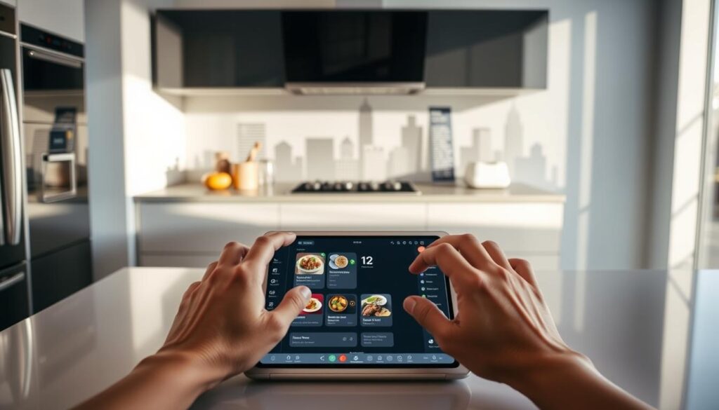 A sleek and minimalist kitchen counter, bathed in soft, natural lighting. On the counter, a tablet displays a user interface for an AI-powered meal planning app, with colorful icons, recipe suggestions, and a calendar view. In the foreground, a pair of human hands interacts with the app, selecting meals and adjusting preferences. The background features a stylized cityscape, hinting at the app's urban, tech-savvy target audience. The overall scene conveys a sense of efficiency, personalization, and the seamless integration of AI technology into everyday meal planning routines. A sleek and minimalist kitchen counter, bathed in soft, natural lighting. On the counter, a tablet displays a user interface for an AI-powered meal planning app, with colorful icons, recipe suggestions, and a calendar view. In the foreground, a pair of human hands interacts with the app, selecting meals and adjusting preferences. The background features a stylized cityscape, hinting at the app's urban, tech-savvy target audience. The overall scene conveys a sense of efficiency, personalization, and the seamless integration of AI technology into everyday meal planning routines.
