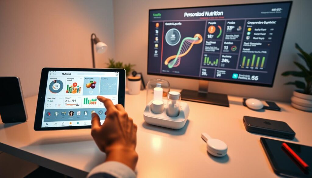 A sleek, modern home lab with an array of smart devices and biometric sensors on a minimalist desk. In the foreground, a person's hand is interacting with a personalized nutrition app on a tablet, displaying data visualizations and customized meal plans. The middle ground features a 3D-printed personalized nutrition supplement dispenser, while the background showcases a large, high-resolution display showing a comprehensive genetic and metabolic profile. Warm, diffused lighting creates a serene, futuristic atmosphere, and the camera angle is slightly elevated to convey a sense of technological advancement and personal empowerment. A sleek, modern home lab with an array of smart devices and biometric sensors on a minimalist desk. In the foreground, a person's hand is interacting with a personalized nutrition app on a tablet, displaying data visualizations and customized meal plans. The middle ground features a 3D-printed personalized nutrition supplement dispenser, while the background showcases a large, high-resolution display showing a comprehensive genetic and metabolic profile. Warm, diffused lighting creates a serene, futuristic atmosphere, and the camera angle is slightly elevated to convey a sense of technological advancement and personal empowerment.