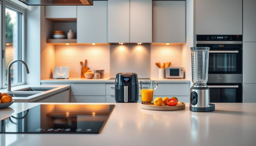 A sleek, modern kitchen filled with intelligent appliances that preserve nutrients. In the foreground, a high-end induction stovetop with precise temperature controls and integrated food recognition sensors. Beside it, a spacious convection oven with advanced airflow and humidity monitoring for optimal baking and roasting. In the middle ground, a compact, multifunctional air fryer with preset modes for healthier frying. On the countertop, a cutting-edge blender with a powerful motor and precise speed settings, capturing the essence of nutrient-dense smoothies. Backlit by warm, ambient lighting and clean, minimalist design, creating a welcoming atmosphere for culinary experimentation and healthy meal preparation. A sleek, modern kitchen filled with intelligent appliances that preserve nutrients. In the foreground, a high-end induction stovetop with precise temperature controls and integrated food recognition sensors. Beside it, a spacious convection oven with advanced airflow and humidity monitoring for optimal baking and roasting. In the middle ground, a compact, multifunctional air fryer with preset modes for healthier frying. On the countertop, a cutting-edge blender with a powerful motor and precise speed settings, capturing the essence of nutrient-dense smoothies. Backlit by warm, ambient lighting and clean, minimalist design, creating a welcoming atmosphere for culinary experimentation and healthy meal preparation.