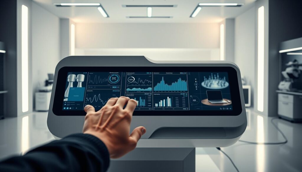 A sleek, modern laboratory setting with a high-tech personalized nutrition analysis device at the center. The device has a clean, minimalist design with a large touchscreen display showcasing detailed graphs, charts, and data visualizations. In the foreground, a person's hand interacts with the device, highlighting the personalized nature of the analysis. The middle ground features a desk with a laptop, scientific instruments, and other medical equipment, creating a professional, clinical atmosphere. The background is softly lit, with muted tones and clean, geometric architectural elements, conveying a sense of innovation and advancement. The overall mood is one of precision, innovation, and the seamless integration of technology and personal health. A sleek, modern laboratory setting with a high-tech personalized nutrition analysis device at the center. The device has a clean, minimalist design with a large touchscreen display showcasing detailed graphs, charts, and data visualizations. In the foreground, a person's hand interacts with the device, highlighting the personalized nature of the analysis. The middle ground features a desk with a laptop, scientific instruments, and other medical equipment, creating a professional, clinical atmosphere. The background is softly lit, with muted tones and clean, geometric architectural elements, conveying a sense of innovation and advancement. The overall mood is one of precision, innovation, and the seamless integration of technology and personal health.
