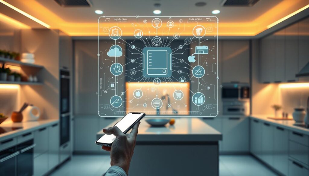 A stylish, futuristic scene depicting the practical applications of AI in daily nutrition management. In the foreground, a person interacts with a sleek, minimalist mobile app, accessing personalized meal plans and nutritional insights. In the middle ground, a transparent display hovers, showcasing an intricate network of data streams and algorithms. The background features a serene, high-tech kitchen filled with smart appliances and interactive surfaces, all seamlessly integrated to optimize the user's dietary needs. The lighting is warm and ambient, creating a sense of streamlined efficiency and cutting-edge technology. Captured through a wide-angle lens, the image conveys the seamless integration of AI into everyday nutrition planning. A stylish, futuristic scene depicting the practical applications of AI in daily nutrition management. In the foreground, a person interacts with a sleek, minimalist mobile app, accessing personalized meal plans and nutritional insights. In the middle ground, a transparent display hovers, showcasing an intricate network of data streams and algorithms. The background features a serene, high-tech kitchen filled with smart appliances and interactive surfaces, all seamlessly integrated to optimize the user's dietary needs. The lighting is warm and ambient, creating a sense of streamlined efficiency and cutting-edge technology. Captured through a wide-angle lens, the image conveys the seamless integration of AI into everyday nutrition planning.