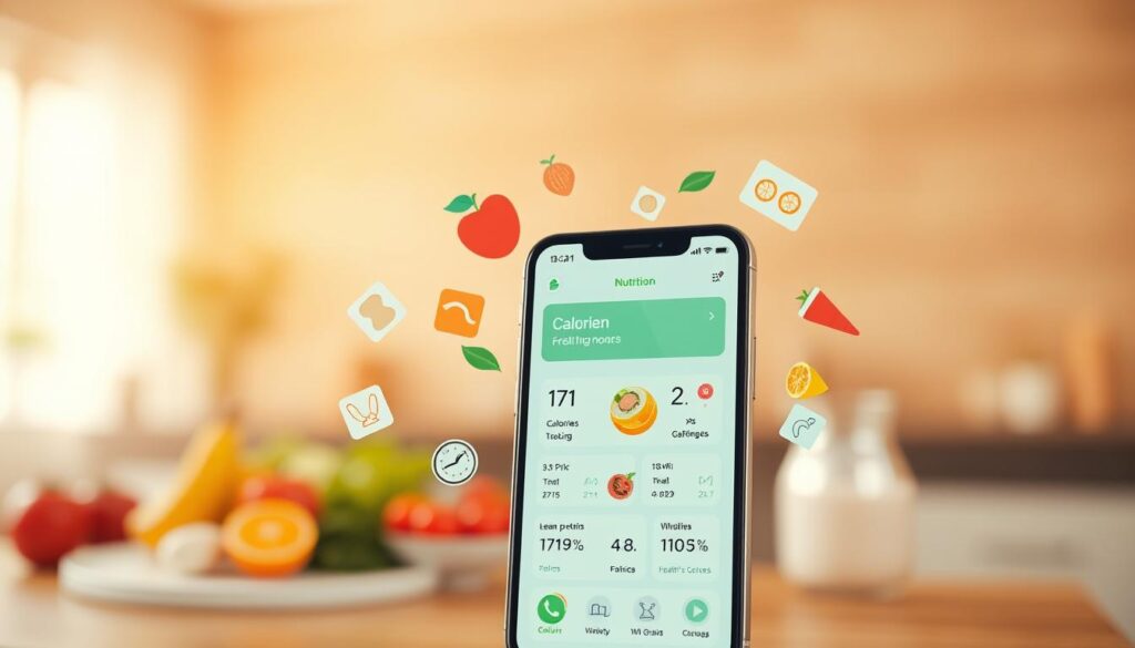 A vibrant and dynamic composition showcasing the key features of nutrition apps. In the foreground, a sleek smartphone displays a clean and intuitive user interface, highlighting calorie tracking, meal planning, and nutritional data visualization. In the middle ground, various healthy food icons, such as fresh produce, lean proteins, and whole grains, float around the device, reflecting the app's comprehensive approach to personalized nutrition. The background features a blurred, warm-toned environment, evoking a sense of wellness and balance. Soft, diffused lighting creates a pleasant, inviting atmosphere, while a slight camera tilt adds a sense of dynamism to the scene. The overall image conveys the power of nutrition apps to empower users on their journey to healthier living. A vibrant and dynamic composition showcasing the key features of nutrition apps. In the foreground, a sleek smartphone displays a clean and intuitive user interface, highlighting calorie tracking, meal planning, and nutritional data visualization. In the middle ground, various healthy food icons, such as fresh produce, lean proteins, and whole grains, float around the device, reflecting the app's comprehensive approach to personalized nutrition. The background features a blurred, warm-toned environment, evoking a sense of wellness and balance. Soft, diffused lighting creates a pleasant, inviting atmosphere, while a slight camera tilt adds a sense of dynamism to the scene. The overall image conveys the power of nutrition apps to empower users on their journey to healthier living.