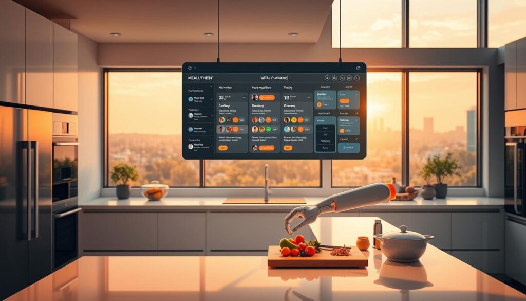 A vibrant and futuristic kitchen, illuminated by warm, natural lighting filtering through large windows. In the foreground, a sleek, touch-enabled digital display hovers above a pristine countertop, showcasing a personalized meal planning interface. The display presents a weekly meal schedule, recipe suggestions, and grocery lists, all powered by advanced AI algorithms that analyze the user's dietary preferences, health goals, and local ingredient availability. In the middle ground, a robotic sous-chef arm moves gracefully, chopping fresh vegetables and measuring spices, seamlessly integrating with the digital assistant. The background features a minimalist, high-tech aesthetic, with gleaming appliances and a panoramic view of a sustainable urban landscape, hinting at the broader technological ecosystem enabling this AI-driven meal planning experience. A vibrant and futuristic kitchen, illuminated by warm, natural lighting filtering through large windows. In the foreground, a sleek, touch-enabled digital display hovers above a pristine countertop, showcasing a personalized meal planning interface. The display presents a weekly meal schedule, recipe suggestions, and grocery lists, all powered by advanced AI algorithms that analyze the user's dietary preferences, health goals, and local ingredient availability. In the middle ground, a robotic sous-chef arm moves gracefully, chopping fresh vegetables and measuring spices, seamlessly integrating with the digital assistant. The background features a minimalist, high-tech aesthetic, with gleaming appliances and a panoramic view of a sustainable urban landscape, hinting at the broader technological ecosystem enabling this AI-driven meal planning experience.