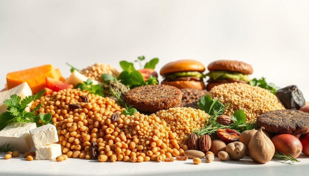 A vibrant arrangement of diverse vegan protein sources set against a clean, minimalist background. In the foreground, an assortment of whole foods such as tofu, tempeh, lentils, chickpeas, quinoa, and nuts are beautifully displayed, casting soft shadows. The middle ground features a variety of plant-based meat alternatives, including soy-based burgers and seitan. In the background, a simple white or light gray backdrop allows the vibrant colors and textures of the plant-based proteins to take center stage. Warm, natural lighting highlights the rich, earthy tones and highlights the nutritional density of these wholesome, sustainable protein options. A vibrant arrangement of diverse vegan protein sources set against a clean, minimalist background. In the foreground, an assortment of whole foods such as tofu, tempeh, lentils, chickpeas, quinoa, and nuts are beautifully displayed, casting soft shadows. The middle ground features a variety of plant-based meat alternatives, including soy-based burgers and seitan. In the background, a simple white or light gray backdrop allows the vibrant colors and textures of the plant-based proteins to take center stage. Warm, natural lighting highlights the rich, earthy tones and highlights the nutritional density of these wholesome, sustainable protein options.