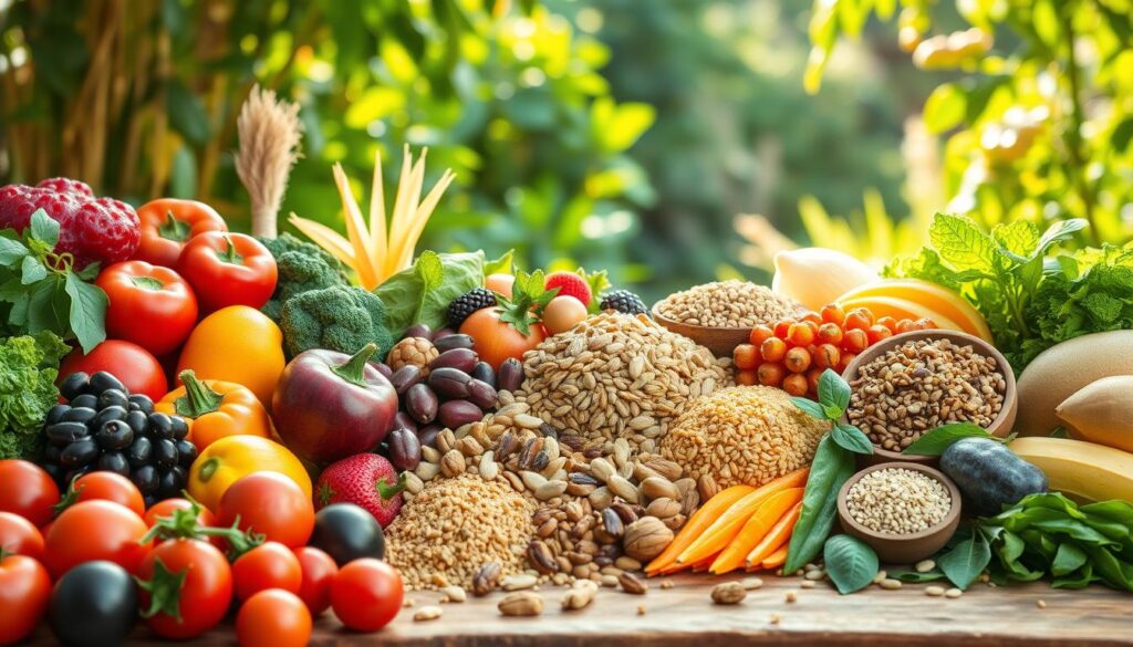 A vibrant, high-resolution image showcasing the benefits of a plant-based diet. In the foreground, a bountiful selection of colorful, fresh fruits and vegetables arranged in an appealing display. The middle ground features a variety of whole grains, legumes, nuts, and seeds, arranged in a visually striking and balanced composition. The background depicts a serene, natural setting with lush greenery and sunlight filtering through, creating a warm, inviting atmosphere. The lighting is soft and natural, highlighting the vibrant colors and textures of the plant-based ingredients. The overall scene conveys a sense of health, vitality, and the abundance of nutrients and flavors that a well-planned plant-based diet can provide. A vibrant, high-resolution image showcasing the benefits of a plant-based diet. In the foreground, a bountiful selection of colorful, fresh fruits and vegetables arranged in an appealing display. The middle ground features a variety of whole grains, legumes, nuts, and seeds, arranged in a visually striking and balanced composition. The background depicts a serene, natural setting with lush greenery and sunlight filtering through, creating a warm, inviting atmosphere. The lighting is soft and natural, highlighting the vibrant colors and textures of the plant-based ingredients. The overall scene conveys a sense of health, vitality, and the abundance of nutrients and flavors that a well-planned plant-based diet can provide.