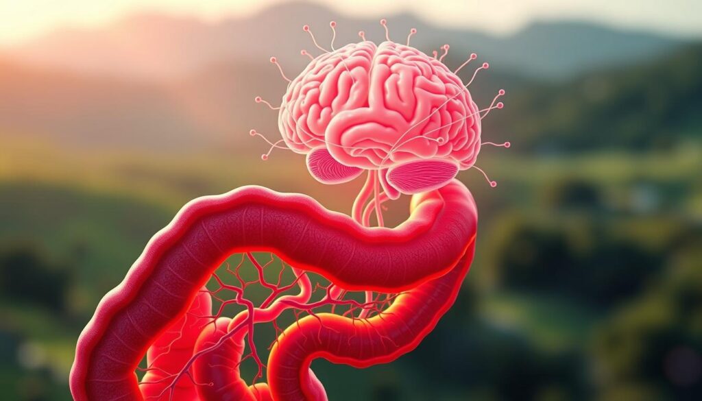 A vibrant, photorealistic illustration of the gut-brain connection. In the foreground, a detailed cross-section of the gastrointestinal tract, showcasing the intricate network of nerves and neurons that link the gut to the brain. The middle ground features a stylized, anatomical rendering of the brain, with neural pathways emanating outwards and intertwining with the gut. The background is a softly blurred, soothing landscape, evoking a sense of balance and harmony. The lighting is warm and natural, casting a gentle glow on the scene. The overall mood is one of scientific exploration and the profound interconnectedness of our bodily systems. A vibrant, photorealistic illustration of the gut-brain connection. In the foreground, a detailed cross-section of the gastrointestinal tract, showcasing the intricate network of nerves and neurons that link the gut to the brain. The middle ground features a stylized, anatomical rendering of the brain, with neural pathways emanating outwards and intertwining with the gut. The background is a softly blurred, soothing landscape, evoking a sense of balance and harmony. The lighting is warm and natural, casting a gentle glow on the scene. The overall mood is one of scientific exploration and the profound interconnectedness of our bodily systems.