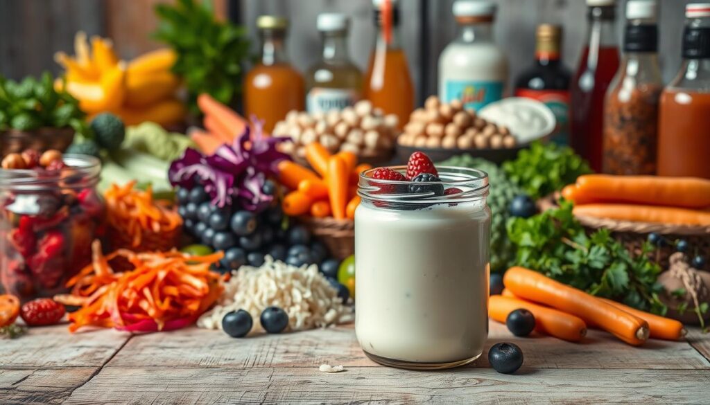 A vibrant still life capturing an array of probiotic-rich foods. In the foreground, a mix of colorful fermented vegetables, such as sauerkraut, kimchi, and pickled carrots, arranged on a rustic wooden table. In the middle ground, a glass jar filled with a creamy, yogurt-like substance, its surface topped with fresh berries. In the background, clusters of kefir grains, kombucha bottles, and other gut-healthy items, bathed in soft, natural lighting that highlights their textures and colors. The overall scene exudes a sense of nourishment, vitality, and the promise of improved digestive wellness. A vibrant still life capturing an array of probiotic-rich foods. In the foreground, a mix of colorful fermented vegetables, such as sauerkraut, kimchi, and pickled carrots, arranged on a rustic wooden table. In the middle ground, a glass jar filled with a creamy, yogurt-like substance, its surface topped with fresh berries. In the background, clusters of kefir grains, kombucha bottles, and other gut-healthy items, bathed in soft, natural lighting that highlights their textures and colors. The overall scene exudes a sense of nourishment, vitality, and the promise of improved digestive wellness.