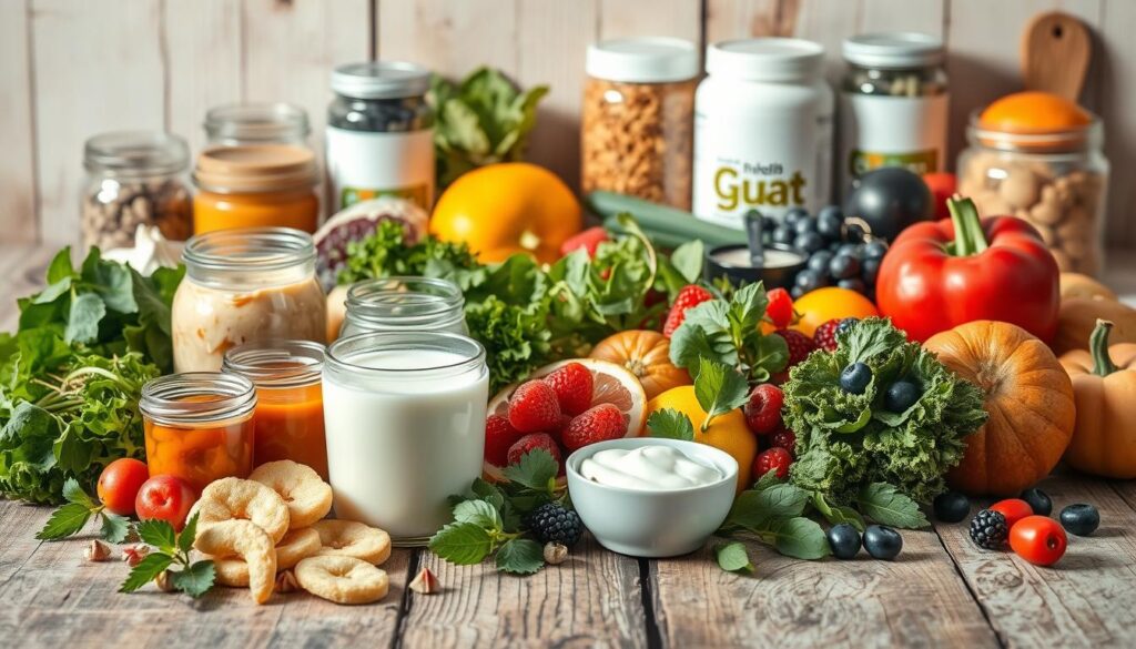 A vibrant still life showcasing a variety of gut-healthy foods, bathed in warm, natural lighting. In the foreground, an assortment of fermented and probiotic-rich items such as yogurt, kefir, sauerkraut, and kimchi are arranged artfully on a rustic wooden surface. In the middle ground, a variety of fresh produce including leafy greens, berries, and citrus fruits are displayed, hinting at the diverse range of nutrients essential for a thriving gut microbiome. The background features jars of supplements like fiber and prebiotic powders, conveying a sense of holistic wellbeing. The overall composition strikes a balance between the earthy, organic tones of the food items and the clean, minimalist styling, creating an inviting and informative image. A vibrant still life showcasing a variety of gut-healthy foods, bathed in warm, natural lighting. In the foreground, an assortment of fermented and probiotic-rich items such as yogurt, kefir, sauerkraut, and kimchi are arranged artfully on a rustic wooden surface. In the middle ground, a variety of fresh produce including leafy greens, berries, and citrus fruits are displayed, hinting at the diverse range of nutrients essential for a thriving gut microbiome. The background features jars of supplements like fiber and prebiotic powders, conveying a sense of holistic wellbeing. The overall composition strikes a balance between the earthy, organic tones of the food items and the clean, minimalist styling, creating an inviting and informative image.