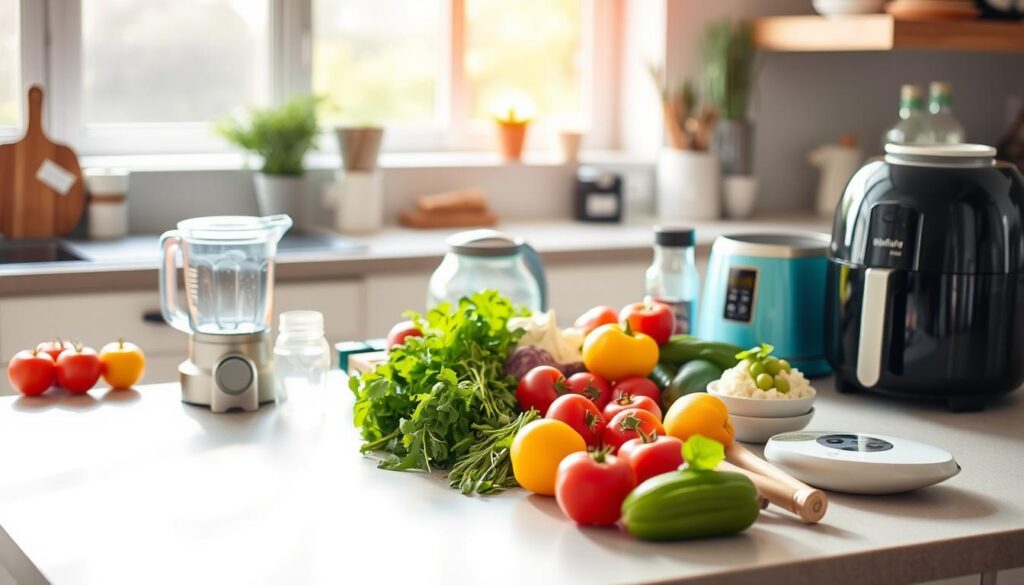 A well-lit, clean kitchen countertop with an assortment of budget-friendly smart kitchen gadgets neatly arranged in the foreground. In the middle ground, a mix of fresh produce, herbs, and small appliances like a blender and air fryer. In the background, a window with sunlight streaming in, creating a warm, inviting atmosphere. The image should convey a sense of efficiency, organization, and healthy eating on a reasonable budget. A well-lit, clean kitchen countertop with an assortment of budget-friendly smart kitchen gadgets neatly arranged in the foreground. In the middle ground, a mix of fresh produce, herbs, and small appliances like a blender and air fryer. In the background, a window with sunlight streaming in, creating a warm, inviting atmosphere. The image should convey a sense of efficiency, organization, and healthy eating on a reasonable budget.