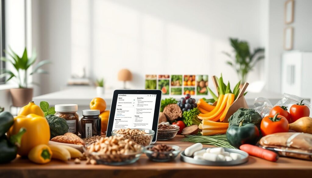 A well-lit, high-resolution image depicting a personalized nutrition plan. In the foreground, a table with various healthy food items such as fresh produce, whole grains, lean proteins, and nutritional supplements. In the middle ground, a tablet or laptop displaying a customized meal plan and dietary recommendations tailored to an individual's unique health and fitness goals. The background features a modern, minimalist office or home setting with natural lighting and clean, uncluttered design elements. The overall mood is one of professionalism, practicality, and personalization, conveying the idea of a comprehensive, science-based approach to optimizing one's nutrition. A well-lit, high-resolution image depicting a personalized nutrition plan. In the foreground, a table with various healthy food items such as fresh produce, whole grains, lean proteins, and nutritional supplements. In the middle ground, a tablet or laptop displaying a customized meal plan and dietary recommendations tailored to an individual's unique health and fitness goals. The background features a modern, minimalist office or home setting with natural lighting and clean, uncluttered design elements. The overall mood is one of professionalism, practicality, and personalization, conveying the idea of a comprehensive, science-based approach to optimizing one's nutrition.
