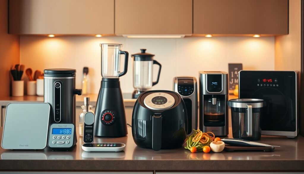 A well-lit, modern kitchen countertop displaying an assortment of sleek, high-tech kitchen gadgets. In the foreground, a precision food scale, a sous vide cooker, and a digital instant-read thermometer. In the middle ground, a high-powered blender, a compact air fryer, and a spiralizer for healthy veggie noodles. In the background, a smart coffee maker, a digital food dehydrator, and a precise induction cooktop. The gadgets are arranged artfully, with clean lines and a minimalist aesthetic. Warm, soft lighting casts a cozy glow, highlighting the advanced features and digital displays of the appliances. An atmosphere of efficiency, healthfulness, and culinary innovation pervades the scene. A well-lit, modern kitchen countertop displaying an assortment of sleek, high-tech kitchen gadgets. In the foreground, a precision food scale, a sous vide cooker, and a digital instant-read thermometer. In the middle ground, a high-powered blender, a compact air fryer, and a spiralizer for healthy veggie noodles. In the background, a smart coffee maker, a digital food dehydrator, and a precise induction cooktop. The gadgets are arranged artfully, with clean lines and a minimalist aesthetic. Warm, soft lighting casts a cozy glow, highlighting the advanced features and digital displays of the appliances. An atmosphere of efficiency, healthfulness, and culinary innovation pervades the scene.